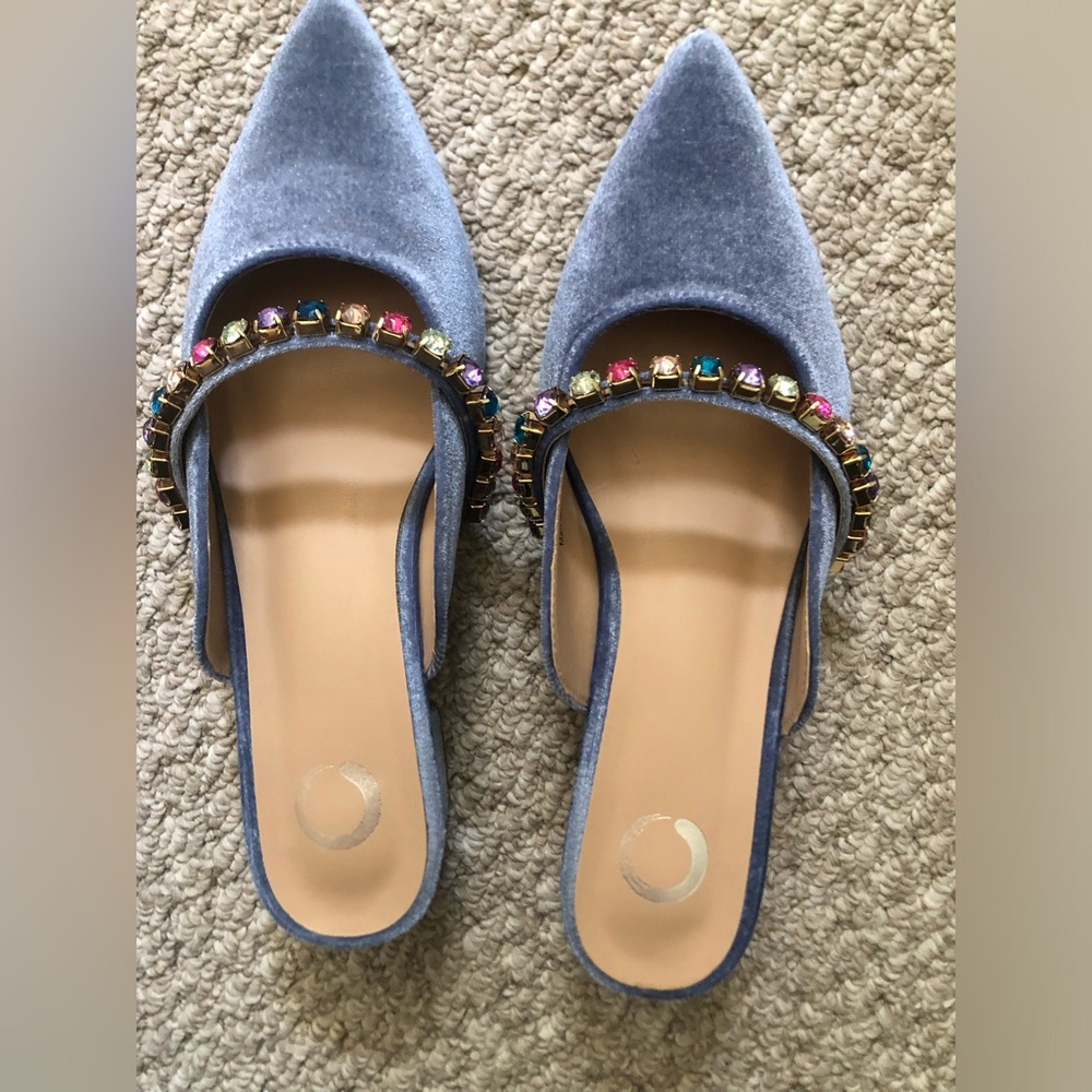 Blue pointy toe slides with rhinestones size 8.5